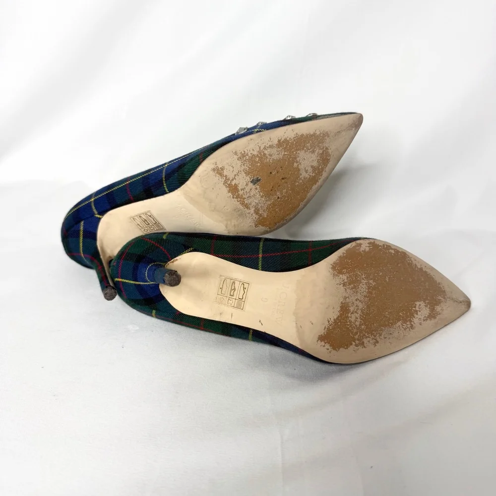 J.Crew Pointed Toe Plaid Embellished Heels Size 9 Blue Green